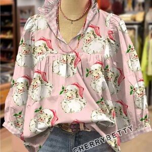 Festive Pink Santa Christmas Women's Blouse